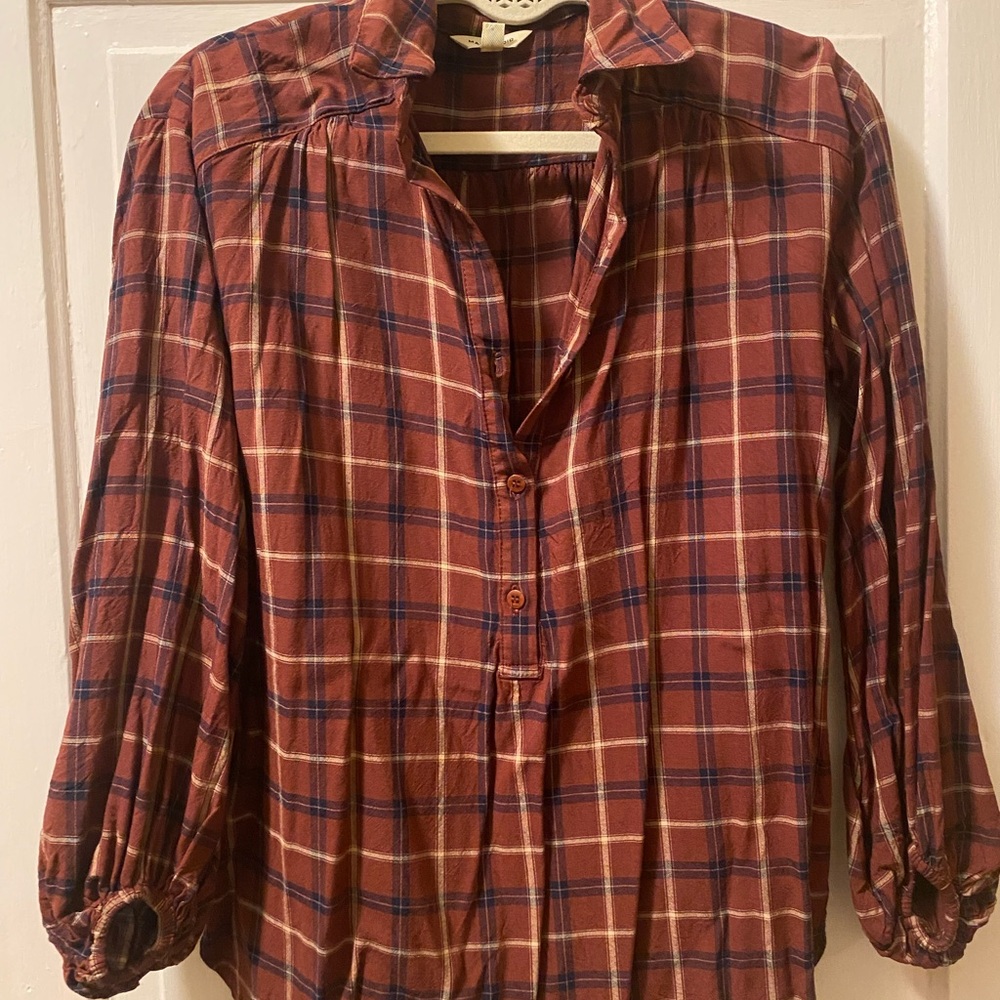 Max Studio Red and Brown Plaid Blouse